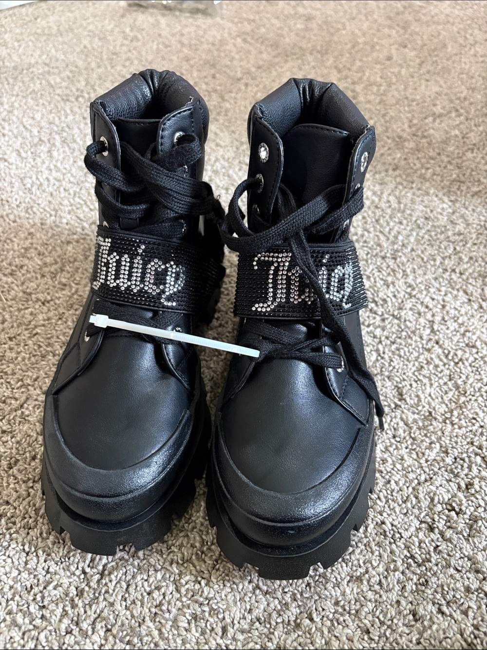 Juicy Couture Black Rhinestone Strap Combat Boots